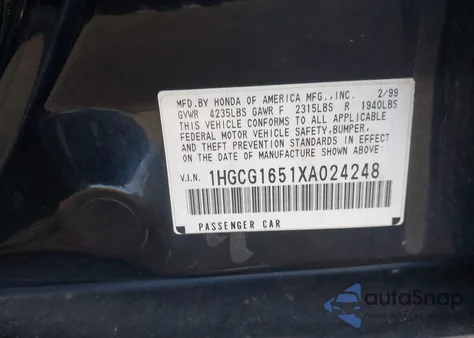 1999 Honda Accord Ex V6 z USA, uszkodzony, nr VIN 1HGCG1651XA024248